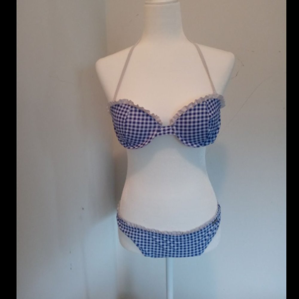 U.S. Polo Assn. Blue White Gingham Ruffle Bikini Set Sz M
